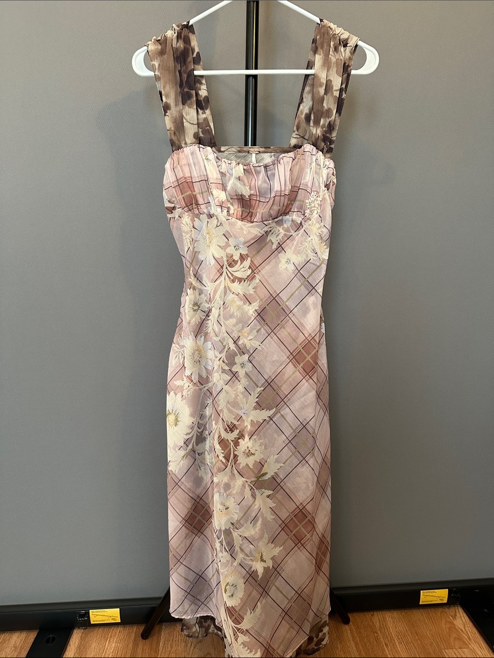 Free People Pink Plaid Floral Maxi Dress with Brown Straps